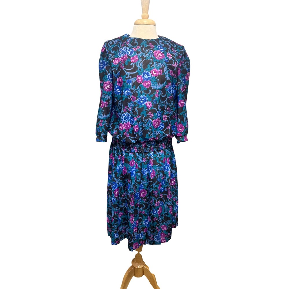 Vintage Frejani Floral Dress Set 80s Pleated Skirt Blouse 2pc Teal Purple Sz 14